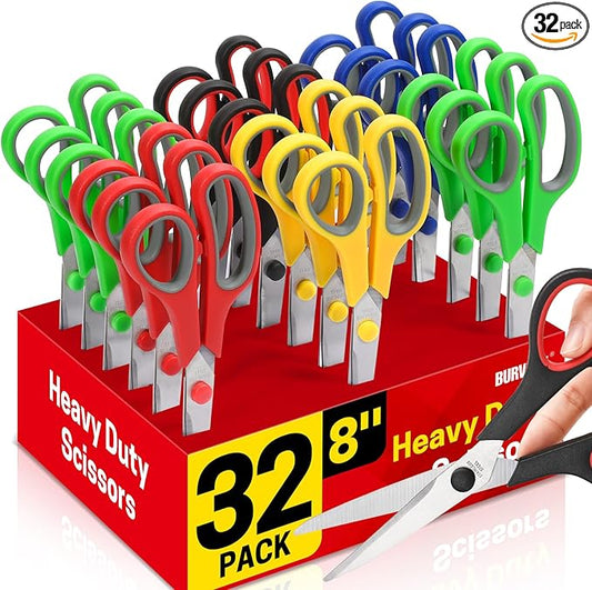 Scissors Bulk Set of 32-Pack, 8" All Purpose Multipurpose Sharp Sewing Craft Fabric Scissors for Office Home High/Middle School Student Office Teacher Art Supplies, Right/Left Handed