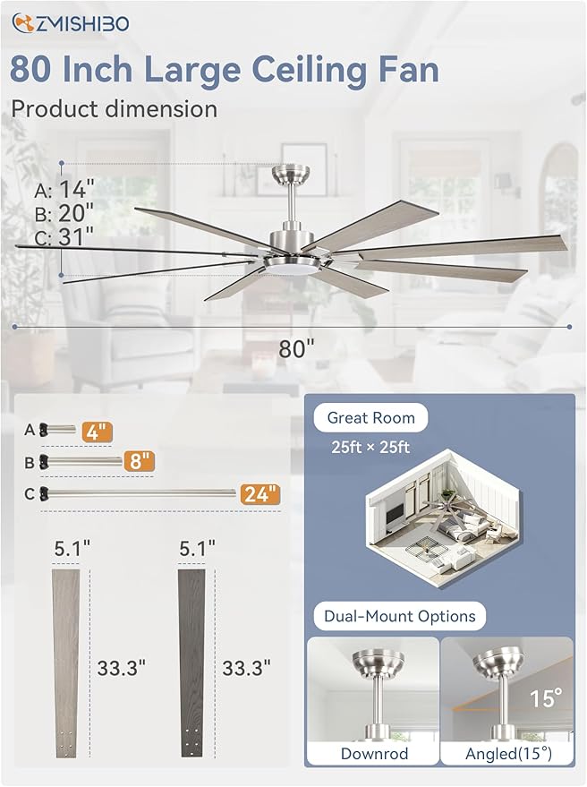 ZMISHIBO 80 inch Brushed Nickel Modern Ceiling Fans with Lights and Remote, Indoor/Outdoor Ceiling Fan for Living Room Patio, 6 Speed Reversible Quiet DC Motor, 3 CCT, Dual Finish Blades
