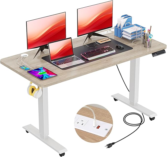 farexon Electric Standing Desk 55 x 24In with Charging Station, Adjustable Height Desk with Mouse Pad, 2 USB Ports & 3 Power Outlets, 4 Caster, 4 Preset Heights, 27''-46'' Lifting Range