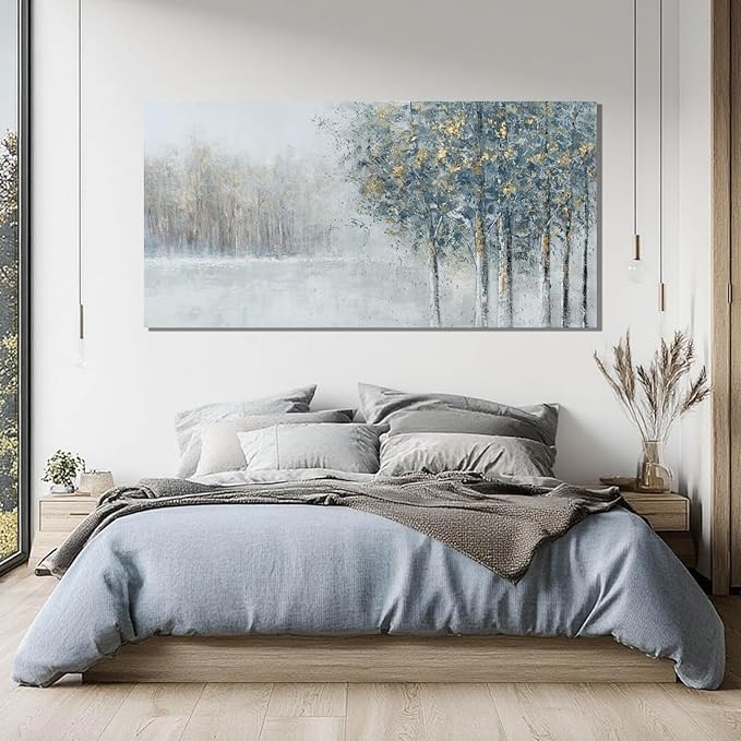 ZENPEE Grey and Blue Tree of Life Wall Art, Large Nature Wall Decor for Bedroom, Office, or Dining Room, Cuadros para Comedor Elegantes y Modernos, 24" x 48"