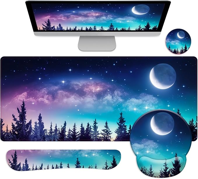 Long Mouse Pad XXL,Ergonomic Desk Mat Gaming Set,Keyboard Wrist Support Rest Mouse Pad Suitable for Office and Home (XXL Forest Setting)