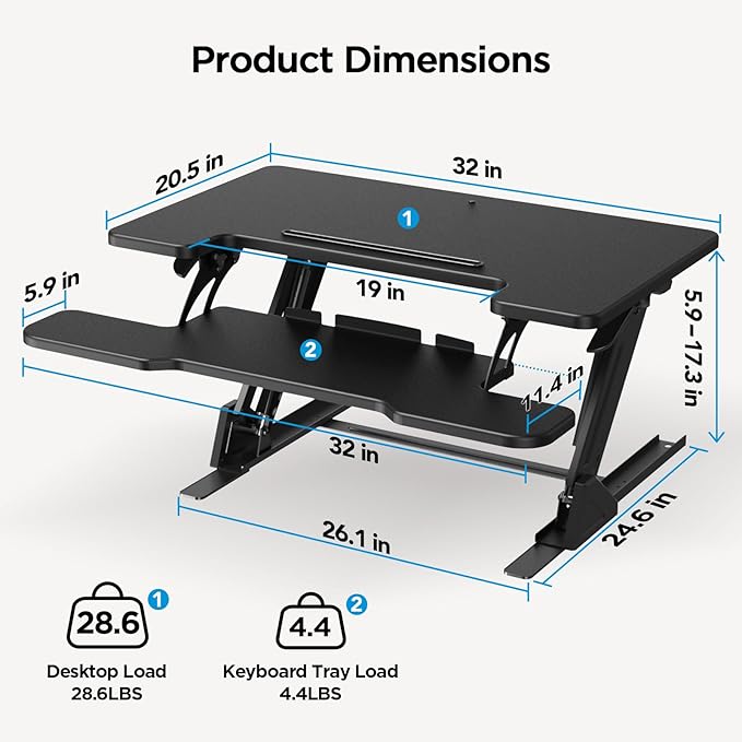 HUANUO 32" Z Shaped Stable Standing Desk Converter, Height Adjustable Sit Stand Up Desk Riser, Dual Monitor and Laptop Workstation with Wide Keyboard Tray, Desk Lifter for Home Office