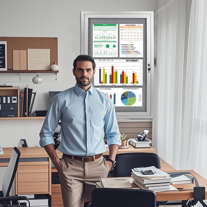 Outdoor Enclosed Bulletin Board Weatherproof 36"x24", Lockable Cork Noticeboard with Tempered Glass Locking Door, Secure Display for Notices, Posters & Memos