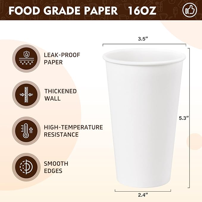 YEEHAW 16 oz 200 Pack Disposable Paper Coffee Cups, Bulk White Hot to Go Cups for Hot Coffee, Hot Liquid, Chocolate, Juice, Hot Beverage Drinkings, Ideal for Cafes, Bistros, Office and Family