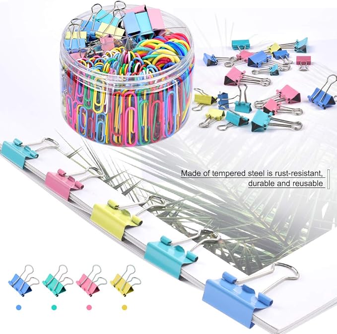 Paper Clips, Sopito 300pcs Paperclips Binder Clips Assorted Sizes (S/M/L) and Rubber Bands, Colored Office Supplies Set College School Supplies