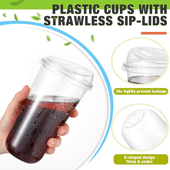 50 Sets Clear Plastic Coffee Cups with Sip Lids, Disposable Plastic PET Crystal Cups for Iced Coffee, Smoothie, Cold Beverage, Drink Shops and Party Catering(Clear,20 oz)