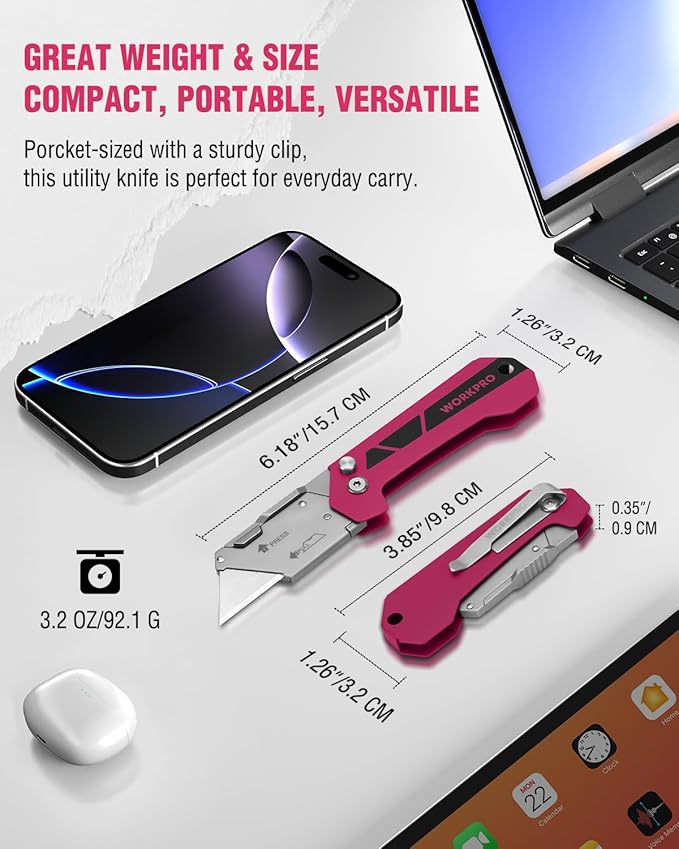 WORKPRO Box Cutter, Utility Knife Quick Change Blade Razor Knife, Folding Pocket Knife with Belt Clip and Axis Lock, 10 Extra Blades Included, Pink