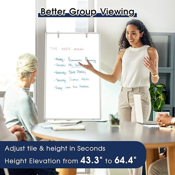 Magnetic Whiteboard Easel, 36"x24" Height Adjustable Dry Erase Board with Stand, Large Aluminium Frame White Board for Teaching, Flipchart Standing Writing Board for Office, Home (White)