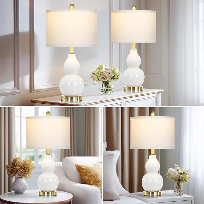 22" Modern Double Gourd Ceramic Table Lamps Set of 2, White Bedside Lamps for Living Room, Contemporary Nightstand Desk Lamps for Bedroom End Table Home Office Decor(2 LED Bulbs Included)
