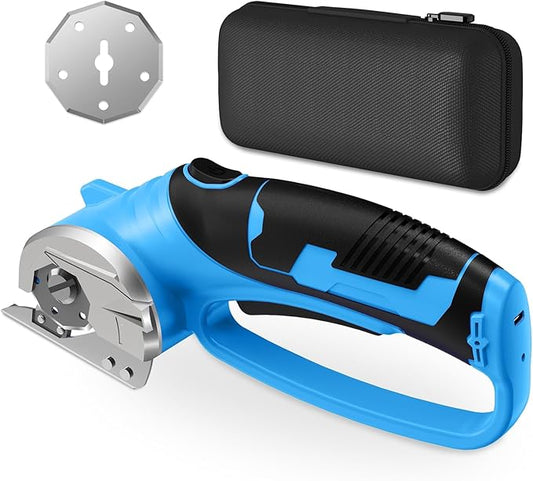Cordless Electric Scissors, 4V Rechargeable Box Cutter & Cardboard Cutter with LED Light, Safety Lock - Rotary Cutter for Fabric, Leather, Carpet, Plastic, Crafting, Sewing with Storage Box (Blue)