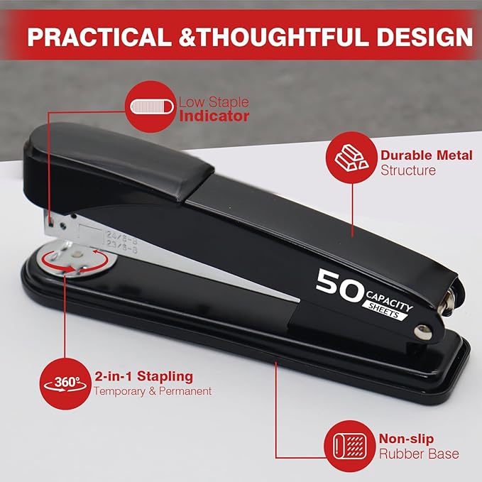 Metal Stapler Heavy Duty 50 Sheet Capacity with 2000 Staples and Staple Remover, No Jam, Non-Slip Stapler for Desk, Black Office Supplies for Teacher, Office Clerks