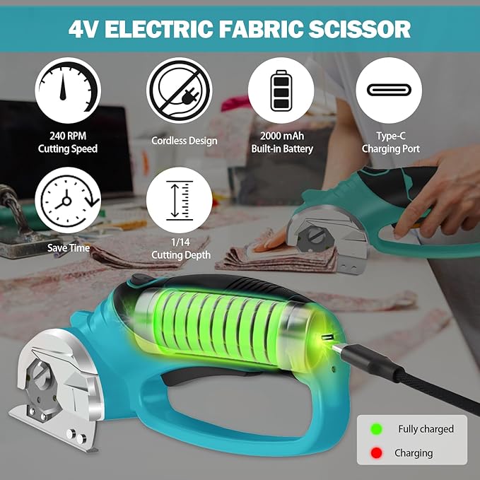 Cordless Electric Scissors, 4V Box Cutter & Cardboard Cutter with 2 Titanium Blades - Rotary Cutter with LED Light for Fabric, Leather, Carpet, Plastic, Crafting + Storage Case (Aqua Blue)