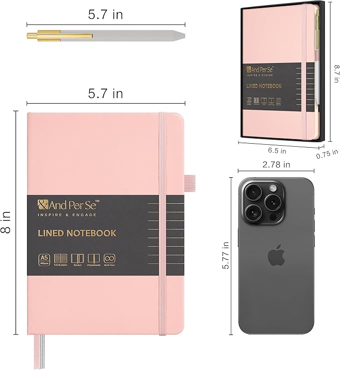 &And Per Se Lined Journal and Pen Set, A5 Hardcover Notebook, 160 Pages 100GSM Thick Paper-Gifts for Men Women, for Work, Business, School or Home Writing (Pink)