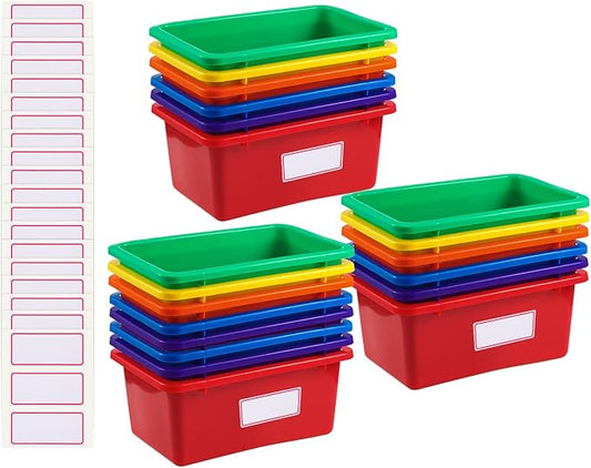 Outus 20 Pcs Plastic Cubby Bins Bulk for Classroom Organization Small Stackable Book Bins Toy Storage Organizer Tubs Box Container with 120 Self Adhesive Label for Library School Office Home, 6 Colors