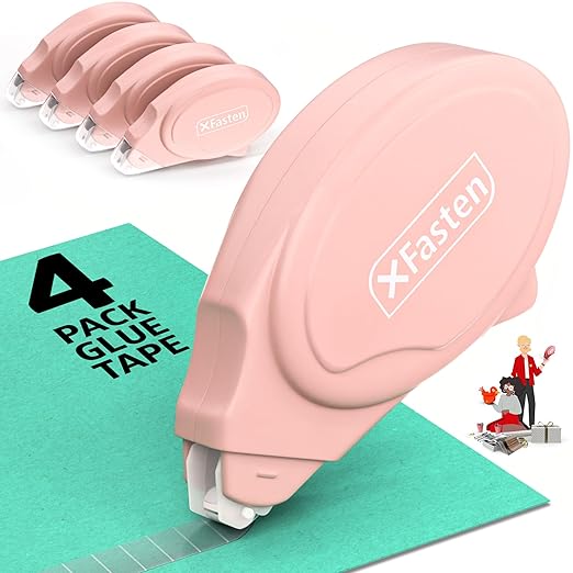 XFasten Glue Tape Roller for Scrapbooking 4-Pack Acid-Free Pastel Pink Double Sided Tape Roller for Crafts, Photos, Bullet and Junk Journaling Supplies - Scrapbook Adhesive Runner (0.3 in x 30 ft)