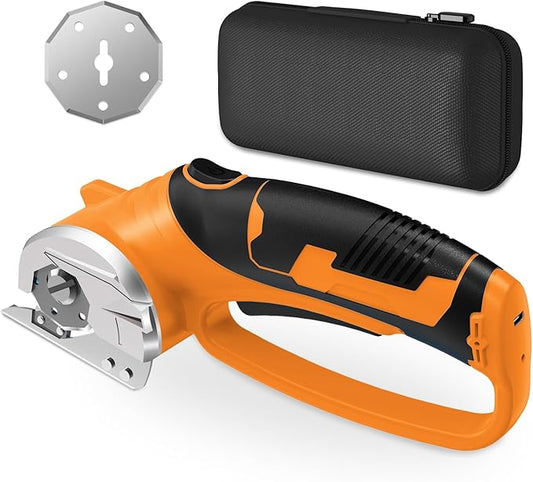 Cordless Electric Scissors, 4V Rechargeable Box Cutter & Cardboard Cutter with LED Light, Safety Lock - Rotary Cutter for Fabric, Leather, Carpet, Plastic, Crafting, Sewing with Storage Box (Orange)
