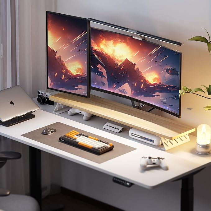 Fenge Dual Monitor Stand Riser, 42.5 Inch Desk Top Shelf for 2 Monitors, Computer Stands for Desk, Wood & Steel Desktop Riser for Laptop, PC, Printer