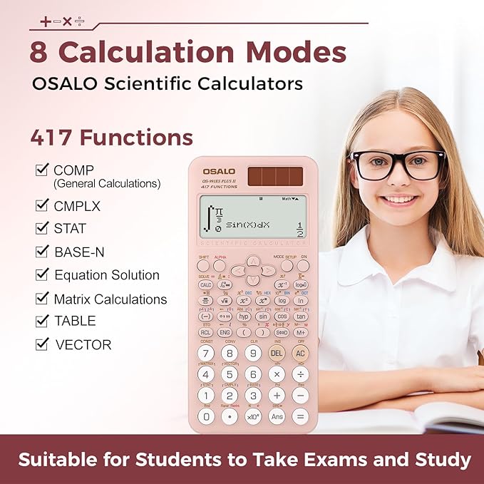 OSALO Scientific Calculator 417 Function 2 Line Written Display 10+2 Digits Solar and Battery Calculators for Students Secondary School College Pink (OS 991ES II)