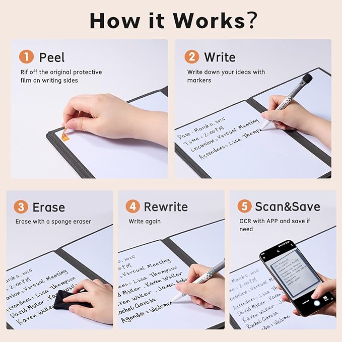 CoBak 6 Sides Portable White Board 12 x 9 inch (A4) - Notebook Design Dry Erase Small Board with Pocket and 3 Markers, Anti-Ghosting & Anti-Smudge Surface for Office, School, Homeschool (Brown)