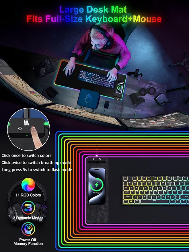 RGB Gaming Mouse Pad with Fast Wireless Charger, LED Extended Desk Mat, Home Office Large Desk Pad with Ultra-Smooth Surface, Non-Slip Base, Waterproof Keyboard Pad (Black)
