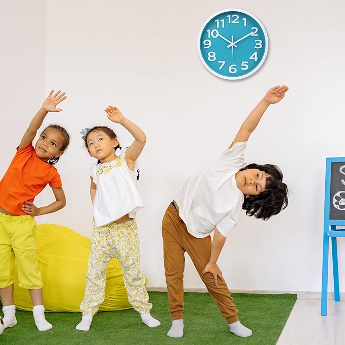 10 Inch Wall Clock Silent Non-Ticking, Big Numbers Easy to Read,Battery Operated Round Quartz Analog Clock for Kitchen Bathroom Classroom Kids Bedroom Wall Decor,Coastal Beach Theme (Aqua)