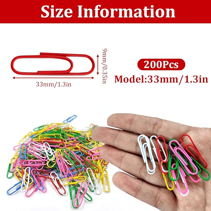 Paper Clips, 200 Pack 1.3 Inch Medium Colored Paperclips, Assorted Colored Coated Paper Clips, Reusable Paperclips for Paperwork Office School Document Organizing
