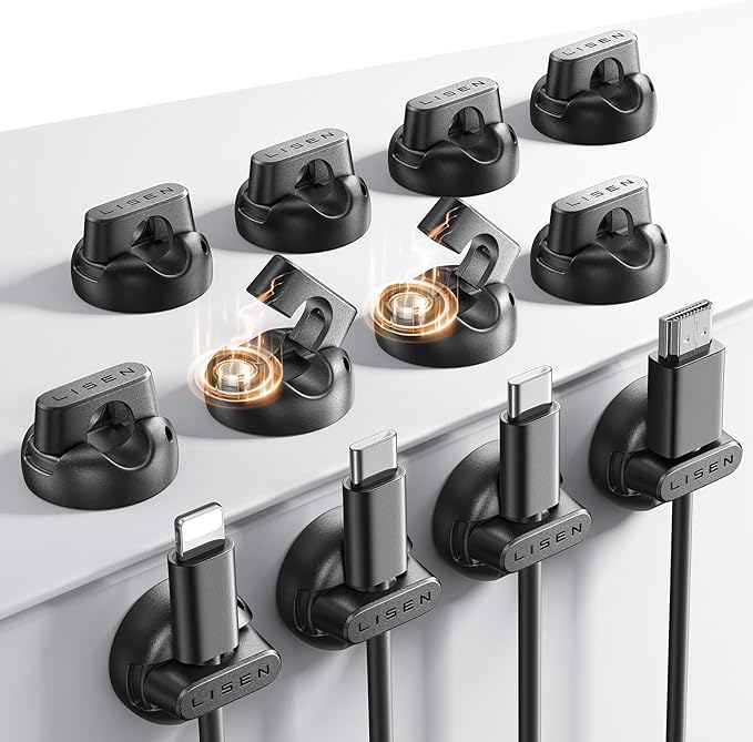 12-Pack Magnetic Cable Clips [1S Snap-On] Cord Holder, LISEN Office Desk Organizers and Accessories with 4 Extra Strong Adhesive Pads, Wire Organizer for Nightstand, Home, Wall, Car, Desktop
