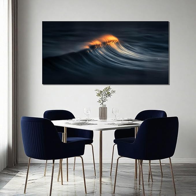 ZENPEE Abstract Wave Canvas Wall Art, 20x40 Inch Ocean Wave Painting in Dark Blue and Orange, Modern Sea Artwork for Living Room Bedroom Office Decor, Ready to Hang