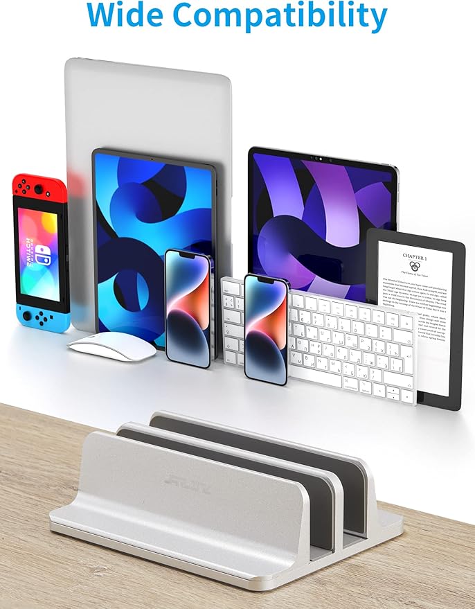JARLINK Vertical Laptop Stand Holder, Aluminum Double Desktop Stand Holder with Adjustable Dock (Up to 17.3 inch), Compatible with MacBook, Surface, Chromebook, and Gaming Laptops, Silver