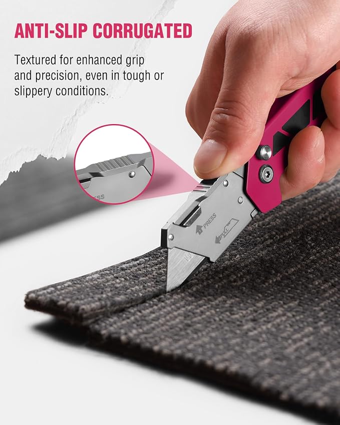 WORKPRO Box Cutter, Utility Knife Quick Change Blade Razor Knife, Folding Pocket Knife with Belt Clip and Axis Lock, 10 Extra Blades Included, Pink