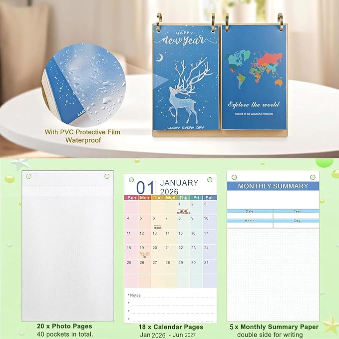 ZEEYUAN 4x6 Desktop Flip Photo Album and 2026 Desk Calendar, Small Desk Calendar Jan 2026-Jun 2027 with Notepads, 4x6 Flip Photo Album on Standing 40 Pockets