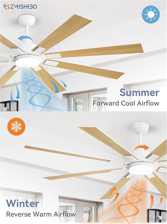 ZMISHIBO 72 inch White Ceiling Fans with Lights and Remote, Indoor/Outdoor Ceiling Fan for Patio Living Room, 6 Speed Reversible Quiet DC Motor, 3 CCT, Dual Finish Blades