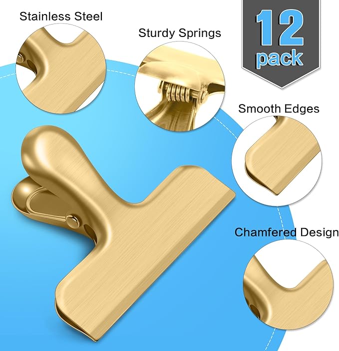12 Pack Chip Clips, Stainless Steel Chip Bag Clips, Food Clip, Heavy Duty Bag Clip for Food Storage, Perfect for Kitchen Office Usage(Gold)