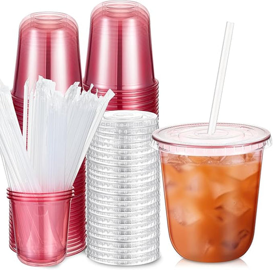 50 Sets Clear Plastic Cups with Lids and Straws, Disposable Iced Coffee Cups Drinking PET for Cold Drinks, Juice, Smoothie, Coffee Shops, Party, Christmas(Pink,12 oz)