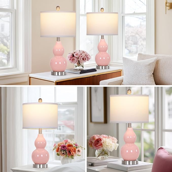 22" Double Gourd Ceramic Table Lamps Set of 2, Pink Modern Bedside Lamps for Living Room, Contemporary Nightstand Desk Lamps for Bedroom End Table Home Office Decor(2 LED Bulbs Included)