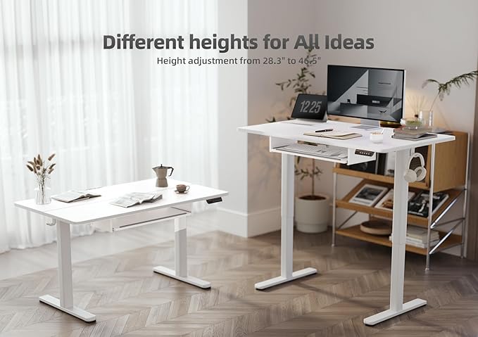 YDN Standing Desk, Height Adjustable Computer Desk with Keyboard Tray, 48 Inch White Ergonomic Desk for Home Office and Gaming