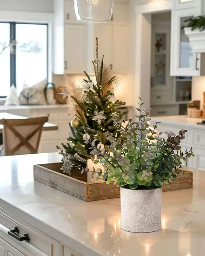 2 Pack Small Fake Plants Christmas Plants Eucalyptus Potted Artificial Plants for Home Indoor Fireplace Mantel Shelf Desk Home Bathroom Farmhouse Room Coffee Christmas Table Decor Xmas Decor (Purple)