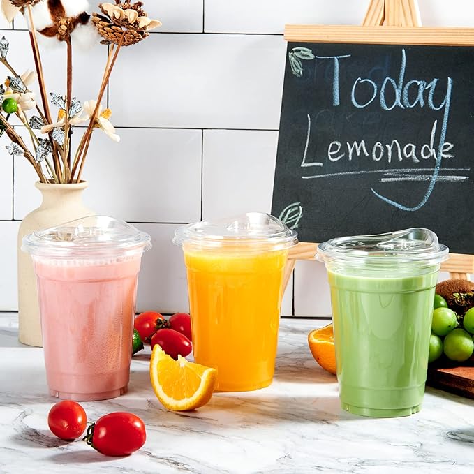 Lilymicky 16oz Clear Plastic Drinking Cups (90 Pack) with Strawless Sip Lids, Disposable Cups for Iced Coffee, Smoothie, Slurpee, or Any Cold Drinks