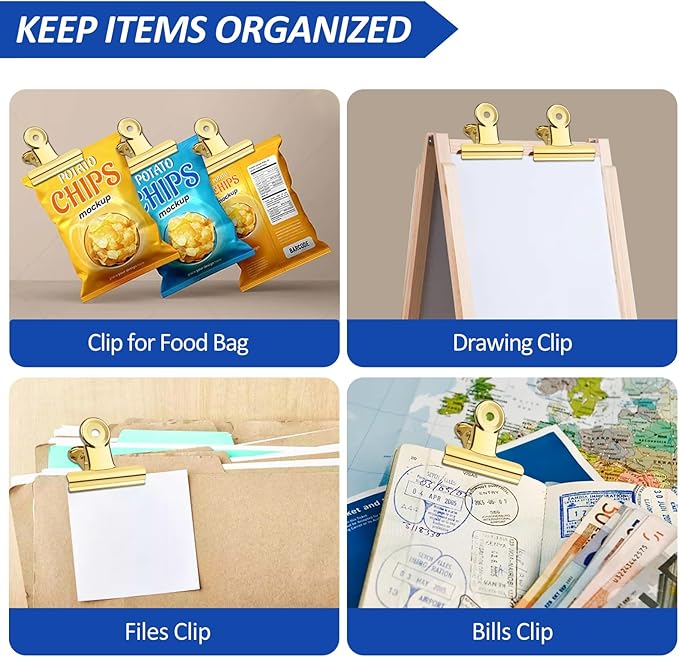 10 Pack Large Metal Hinge Clips 2.5 Inches Bull Hinge Paper Clips Gold Bulldog Clips for Crafts, Photo, Drawing, Food Bags at Home, Office, School, Shop, Gold, 63mm