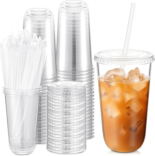 50 Sets Clear Plastic Cups with Lids and Straws, Disposable Iced Coffee Cups Drinking PET for Cold Drinks, Juice, Smoothie, Coffee Shops, Party, Christmas(Clear,18 oz)