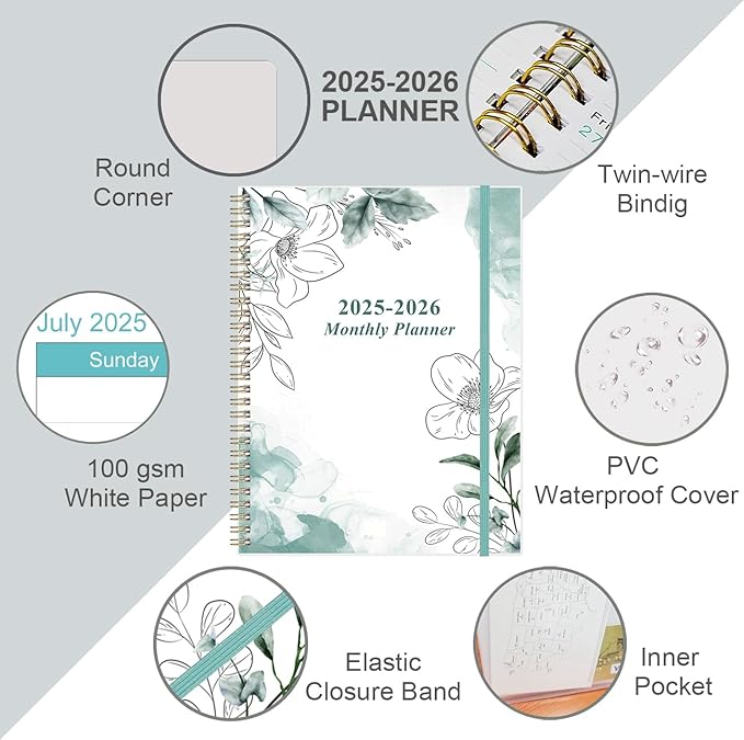 2025-2026 Monthly Planner - 18 Monthly Calendar, October 2025 - December 2026, Two Pages Per Month, 9" x11" Planner with Tabs, Strong Twin-Wire Binding, Inner Pocket, Teal Floral