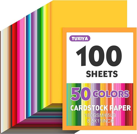 100 Sheets 8.5" X 11" Colored Cardstock, 50 Assorted Colors Construction Paper Card Stock Printer Paper for Printing, Card Making, DIY Crafts, Kids School Supplies,Party Decorations (180 GSM)
