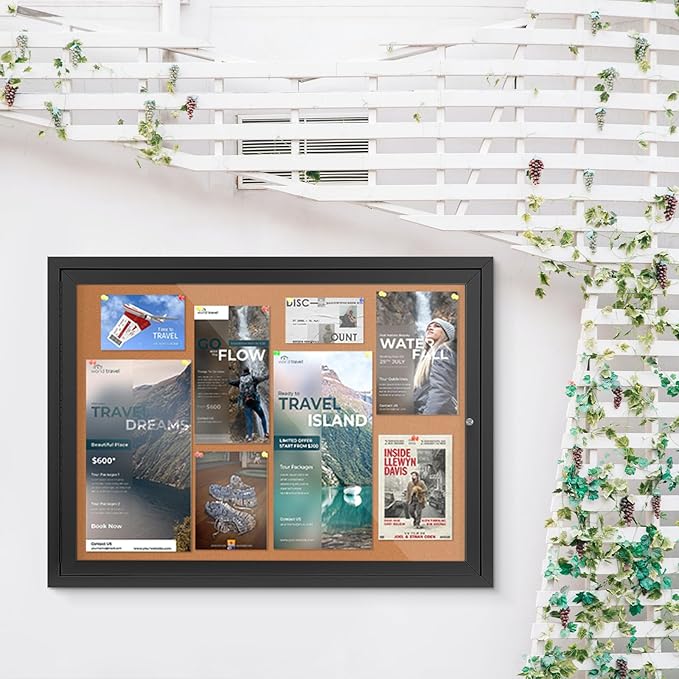 SWANCROWN Outdoor Bulletin Board 37x28in, Enclosed Bulletin Board with Locking Door Wall Display Case for Office School Commerce, Cork, Black Aluminum Frame (8xA4)