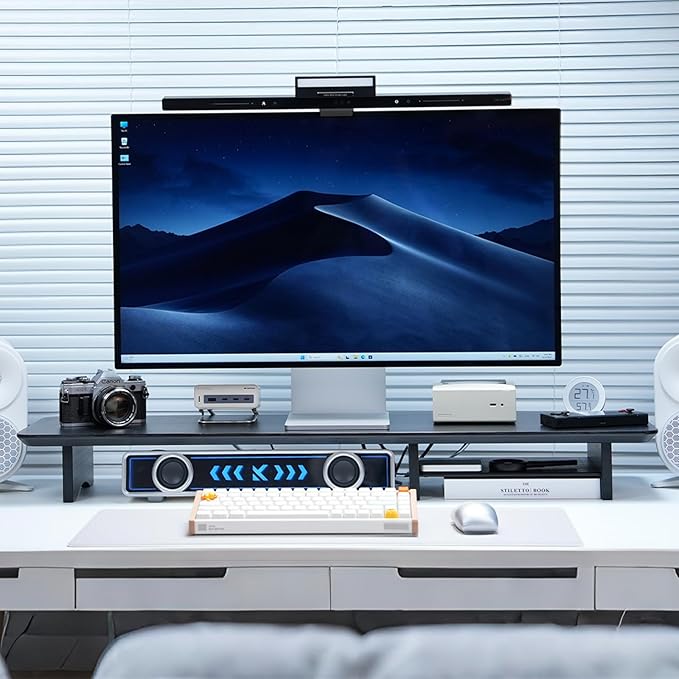 Bamboo Dual Monitor Stand Riser Black, 2-Tier Desk Monitor Riser for 2 Monitors, Supports for PC Computer Monitor, Printer, Heavy TV Riser up to 300 lbs