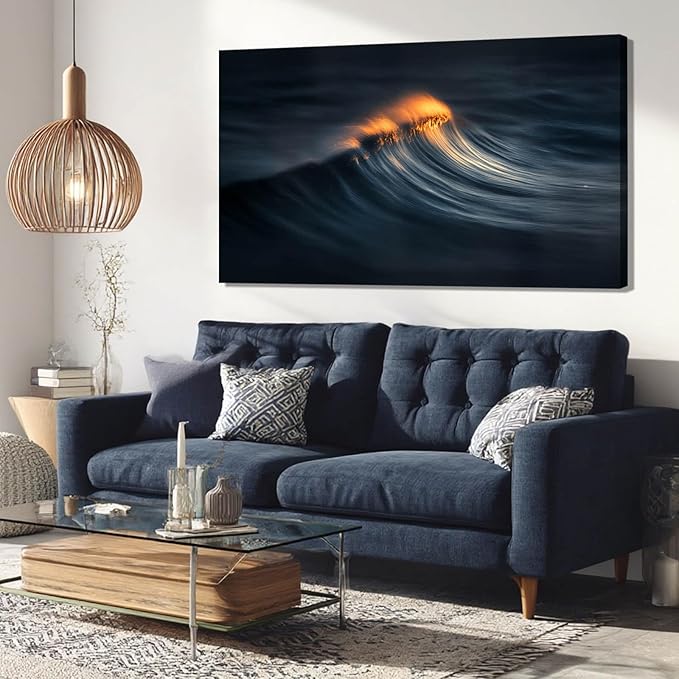 ZENPEE Abstract Wave Canvas Wall Art, 20x40 Inch Ocean Wave Painting in Dark Blue and Orange, Modern Sea Artwork for Living Room Bedroom Office Decor, Ready to Hang