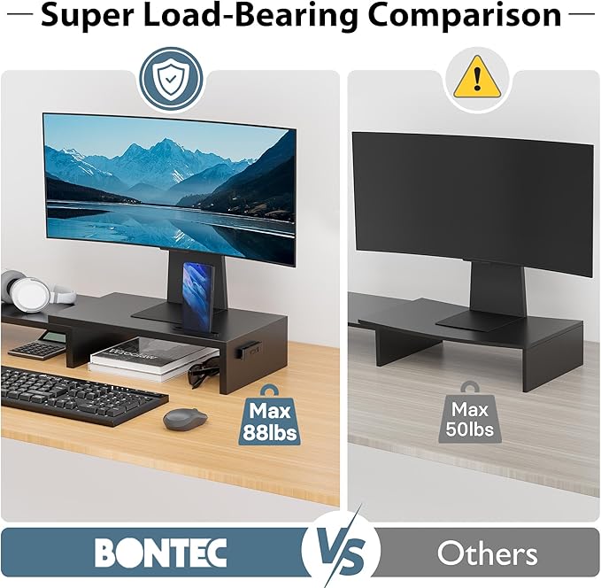 BONTEC Dual Monitor Stand Riser with Smartphone Holder, Adjustable Length & Swivel Angle, Ergonomic Wooden Desktop Organizer for PC Monitor, Laptop, Printer, Large Storage, White