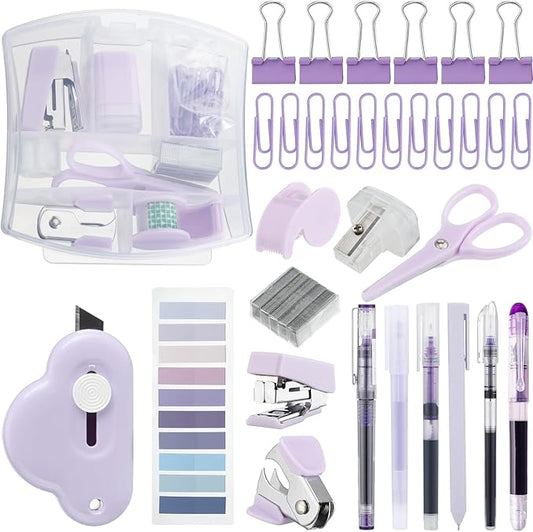 Colarr Mini Office Supply Kit Includes Stapler Tape Dispenser Staple Remover Paper Clips Scissor Staples Pen Sharpener Note Small Telescopic Knife for Office and School Clerk Student (Purple)