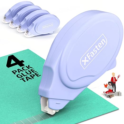 XFasten Glue Tape Roller for Scrapbooking 4-Pack Acid-Free Pastel Blue Double Sided Tape Roller for Crafts, Photos, Bullet and Junk Journaling Supplies - Scrapbook Adhesive Runner (0.3 in x 30 ft)