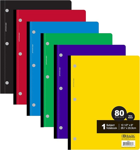 BAZIC Notebook Wide Ruled 1 Subject 80 Sheets Wireless Notebooks, 3 Punched Holes Lined Composition Book, Assorted Color, 1 Unit, Random Color