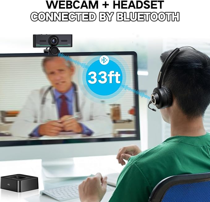 Gsou 1080P Webcam with Microphone for Desktop, Computer Webcam Connect Bluetooth Headset/Earphone/Speaker, Streaming Webcams for Live Skype Teams, PC Web Camera for Streaming,Bluetooth only for Audio